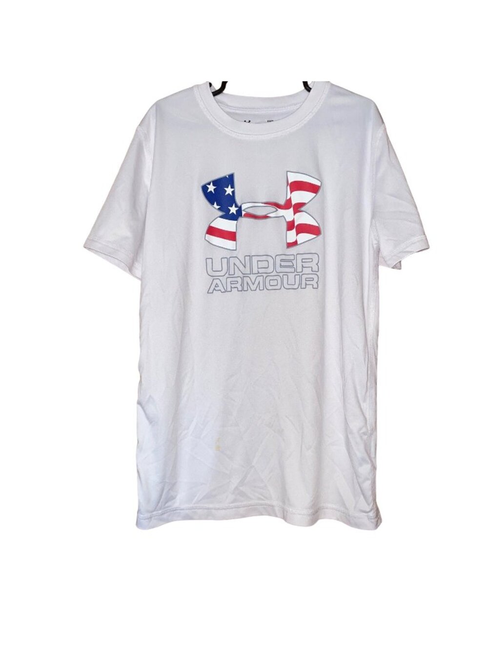 Under Armour Youth Loose Fit White T-Shirt American Flag Logo HeatGear UPF 40 M